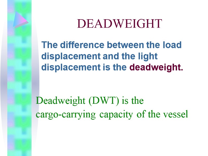 DEADWEIGHT  The difference between the load displacement and the light displacement is the